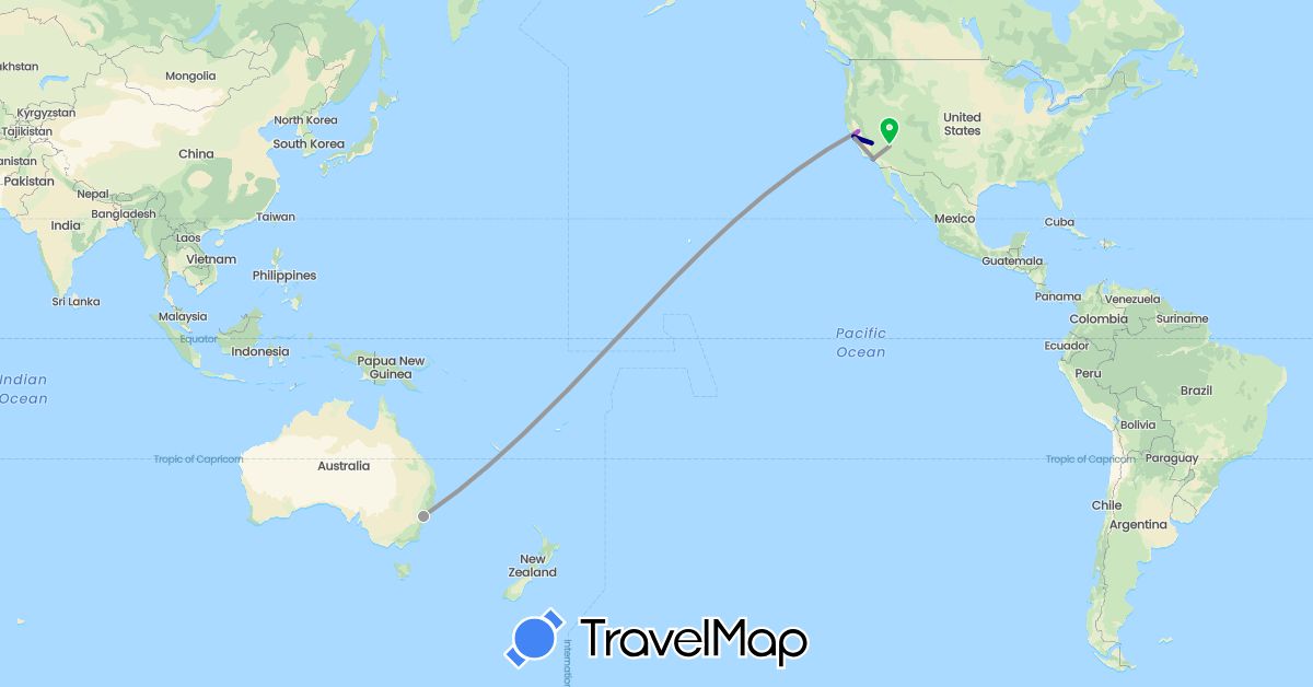 TravelMap itinerary: driving, bus, plane, train in Australia, United States (North America, Oceania)